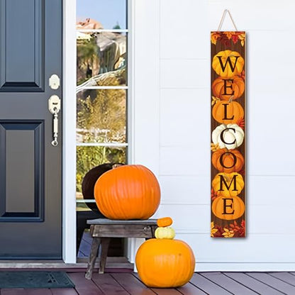 47" Fall Wooden Porch Sign Vertical Fall Welcome Standing Signs Pumpkin Leaves Standing Welcome Porch Sign for Outdoor Autumn Thanksgiving Harvest Home Garden Yard Farmhouse Front Door Decor