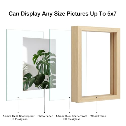 Egofine 5x7 Floating Frames Set of 2, Double Plexiglass Picture Frame, Made of Solid Wood Display Any Size Photo up to 5x7, Wall Mount or Tabletop Standing, Natural Wood - color: Natural Wood, size: 5x7