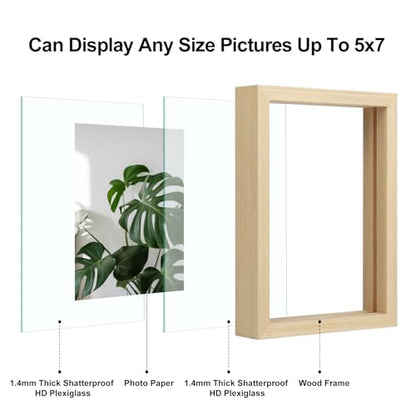 Egofine 5x7 Floating Frames Set of 2, Double Plexiglass Picture Frame, Made of Solid Wood Display Any Size Photo up to 5x7, Wall Mount or Tabletop Standing, Natural Wood - color: Natural Wood, size: 5x7