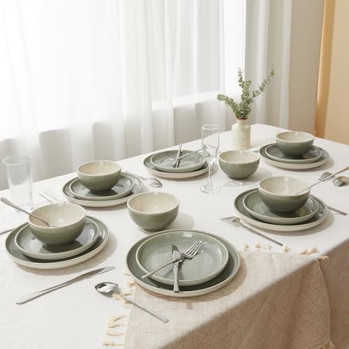 Stoneware Dinnerware Sets, Ceramic Plates and Bowls Set, Microwave & Dishwasher Safe Kitchen Dish Set, Modern Dinner Salad Plates | Cereal Bowls for 4, Dishware Sets Gray Green - color: Gray Green, size: Set (12pcs)