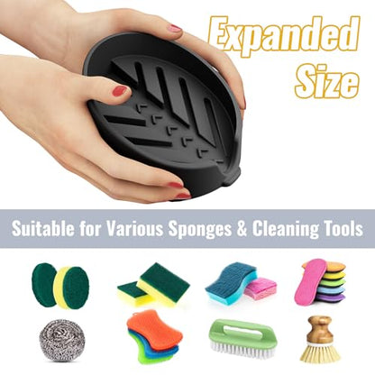 NiHome Silicone Sponge Holder for Kitchen Sink, Fits Scrub Daddy Mommy | Self-Draining Dispenser Organizer Tray, Sink Caddy Countertop Fits Soaps, Scrubber, Dishwasher Safe, Includes Brush - color: Black