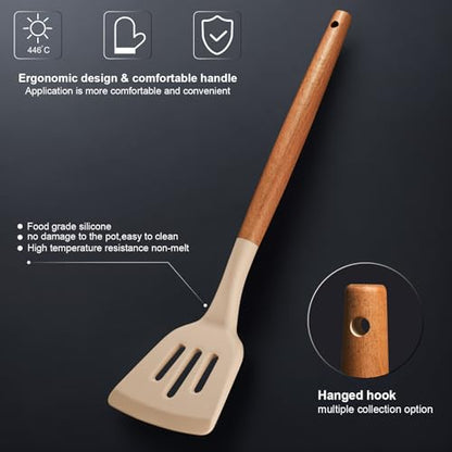 Cooking Utensils Set,18-Piece Kitchen Utensils and Knife Set,Khiki | Food-grade Silicone Utensils Heat-resistant to 410°F,5-Piece Stainless Steel Kitchen Knife with Sharpener and Cutting Board - color: Khiki