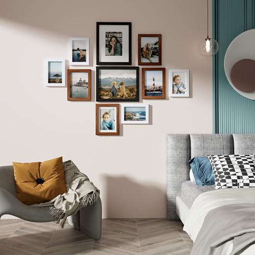 Vittanly 10 Pack Gallery Wall Frame Set, Black, Walnut Brown, White | Gallery Wall Frame Set: 2pcs 8x10, 4pcs 5x7 & 4pcs 4x6 Photos for Wall & Table, Picture Frames made of Engineered Wood - color: Black & Walnut Brown & White