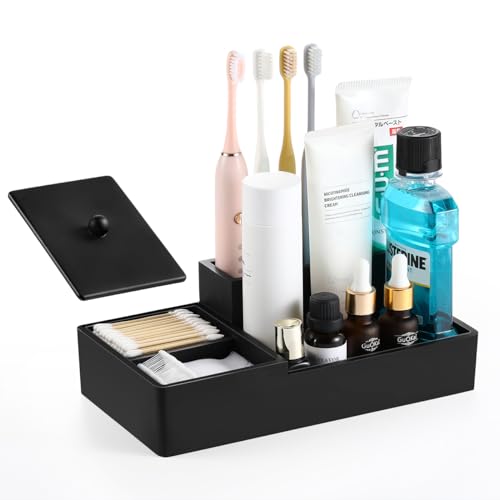 Luxspire Bathroom Counter Organizer with Lid, 6 Slots, Matte Black | Bathroom Vanity Organizer, Bathroom Organizer Countertop for Cotton Ball, Q-Tips, Floss - color: Matte Black, size: 6 slots