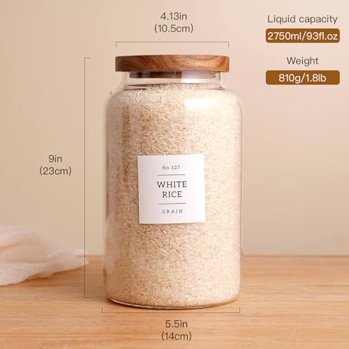 CZHQSMZ Set of 2 Large Glass Jar with Airtight Acacia Lid and 132 Kitchen Pantry Labels, Clear Glass Food Storage Jars Containers for Rice Flour Pasta Sugar Coffee Cookie and More(98 Fl Oz/2800 Ml) - color: 2800ml