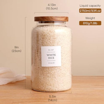 CZHQSMZ Set of 2 Large Glass Jar with Airtight Acacia Lid and 132 Kitchen Pantry Labels, Clear Glass Food Storage Jars Containers for Rice Flour Pasta Sugar Coffee Cookie and More(98 Fl Oz/2800 Ml) - color: 2800ml