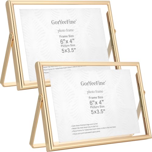 Gold 6x4" Floating Frame(Horizontal) 2pack for Photo Sizes(3x2''& 5x3.5''),Classy Gold Frames Tabletop or Shelf display, Elegant Gift Choice for Wedding,Thanksgiving,Christmas,Home or Office Decor. - color: Gold, size: 6x4'' (2PK,Round Horizontal)