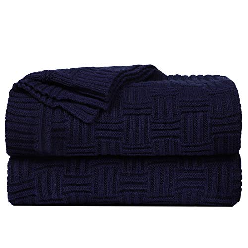 uxcell 100% Cotton Knit Throw Blanket, Cable Decors Navy Blue 47x70 - color: Navy Blue