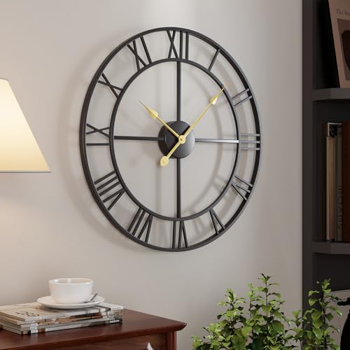 Cuspin 24 Inch Large Wall Clock, Black Metal Decorative Wall Clock with Roman Numerals, Silent Non Ticking Battery Operated Round Modern Vintage Wall Clock for Living Room, Bedroom, Kitchen, Office - color: Black Roman Number, size: 24 Inch