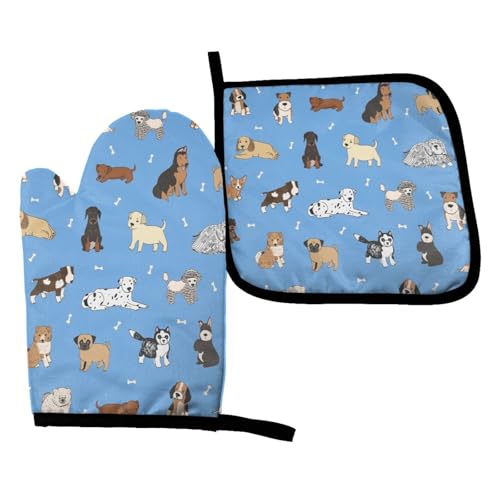 Perinsto Cute Dogs Animals Blue Oven Mitts & Pot Holders Kitchen Set Heat Resistant Decorative Cooking Gloves Microwave Oven Gloves for Baking Grilling BBQ - color: Dogs Blue, size: Set of 2