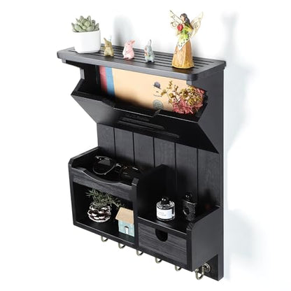 DOPACE Handcrafted Pine Wood Mail Organizer & Key Holder, Black | Hand-polished natural pine wood with storage drawer & 6 hooks, Fine spray paint finish, Easy wall mount - color: Black