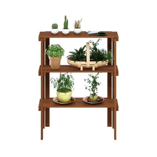 Furinno TIOMAN Plant Shelf, 3-Tier Plant Stand, Display Shelf, for Multiple Plants, Plants Pot, Easy Toolless Assembly, Patio, Balcony, Garden, Natural