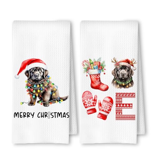 Christmas Newfoundland Kitchen Dish Towels 2 Pack - Newfoundland Dog Lover Gift, Waffle Weave Christmas Hand & Tea Towels for Kitchen Bathroom, 16x24 Inches - color: Newfoundland Christmas