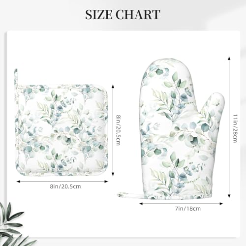 Eucalyptus Leaf Oven Mitts and Pot Holders Sets for Kitchen Silicone Sage Green Botanical Watercolor Plants Oven Gloves Heat Resistant Oven Mitts with 2 Non-Slip Pads Kitchen Gloves for BBQ - color: White Green