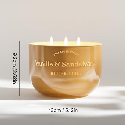 Hidden Label Vanilla Sandalwood Candle, 18oz 3 Wick, 70H Gold Bowl | Warm Amber Glass with Mirror Lid | Natural Non Toxic Soy Wax | Luxury Aromatherapy Gift for Women - color: Vanilla & Sandalwood