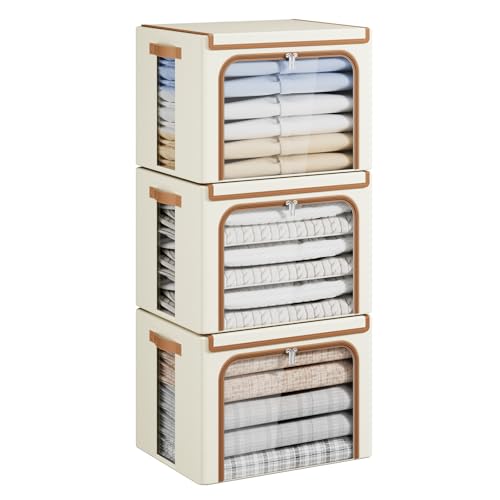 Yecaye Clothes Storage Bins with Lids & Clear Window, Beige, 40L, 3 Pack | Metal Frame, Foldable, Organizer Box Zippers & PU Leather Handles - color: Beige, size: Medium(3 Pack)