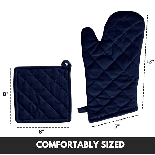 Oven Mitt (7"x13") & Pot Holder (8"x8") 100% Cotton Set of Heat Resistant Oven Gloves & Hot Pads for Gifts, BBQ, Cooking, Baking, Thanksgiving - Navy Blue - color: Navy Blue
