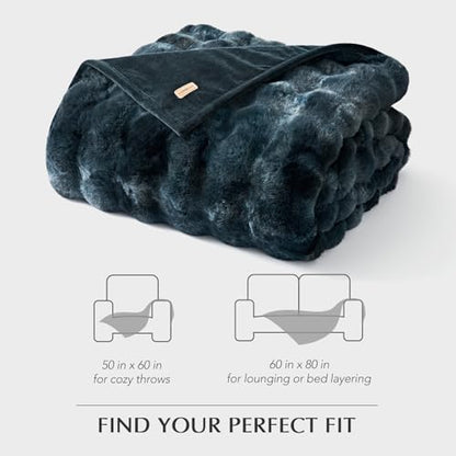 Faux Rabbit Fur Bubble Throw Blanket, 50"x60", Marble Deep Indigo | Ultra Soft, Luxury Faux Rabbit Fur Throw, Thick Warm Bubble Blanket, Cozy Fluffy Reversible, for Bed, Couch, Chair, Sofa - color: Deep Indigo Marble, size: 50"x60"