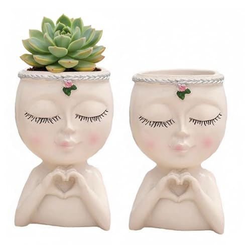 Face Planter Pot with Heart Hands, Unique Resin Head Planter for Indoor Plants, Cute S-ucculent Pots with Drainage Hole, Decorative Makeup Brush Holder for Vanity, for Women - color: Beige - 2 Pack