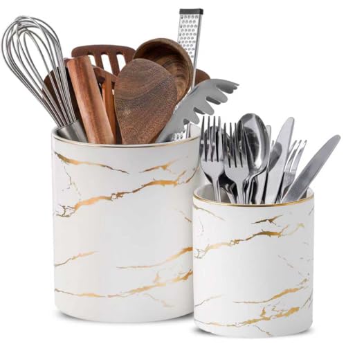 7"+5.3" Marble Utensil Holder, Large Kitchen Utensil Holder Organizer , Golden Marble White Stable Utensil Crock Spatula Holder for Kitchen Counter Countertop Farmhouse Cooking Tools Holder - color: Marble White, size: 7.2inch+5.3inch