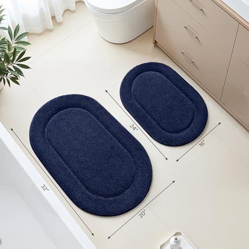 HOMEIDEAS Navy Blue Oval Bathroom Rug Sets 2 Piece 20" x 32" + 16" x 24" | Microfiber Bath Mats, Non-Slip TPR Backing, Ultra Absorbent & Quick Dry, Machine Washable for Bathroom, Shower, Tub - color: Navy Blue