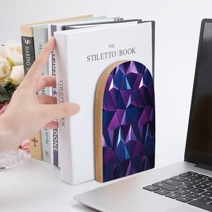 Personalized Purple Geometric Book Ends for Shelves, Large Heavy Duty Wooden Bookends with Non-Skid Metal Base Book Holder Decorative Book Stopper for Home Office Supplies 1 Pair
