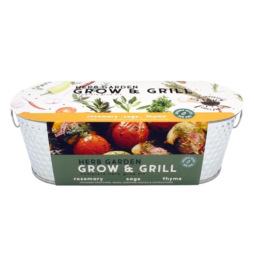 Buzzy Seeds Grow & Grill Organic Herb Kit - Metal Windowsill Planter - Complete Indoor/Outdoor Gardening Kit with Seeds, Coconut Husk Growing Medium & Genuine Pots - 100% Grow Guarantee - color: Silver
