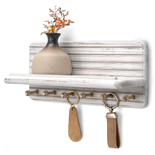 Rebee Vision Key Holder Wall Mount with 6 Hooks for Room Decor, Whitewash | Pine Wood, 6 Key Hooks, Key Holder for Wall, Floating Shelf, Mail Organizer, Apartment Essential for Room Improvement - color: Whitewash, size: Medium-11inch