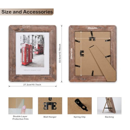 8x10 Picture Frames Set, Set of 4 Wooden Picture Frames Real Tempered Glass and Composite Wooden Rustic Rounded Corners Photo Display for Tabletop Wall Mount (Brown) | Rounded Corner Barn Wood Frame, Kid-Safe Tempered Glass, Wall Mount & Tabletop Vertical