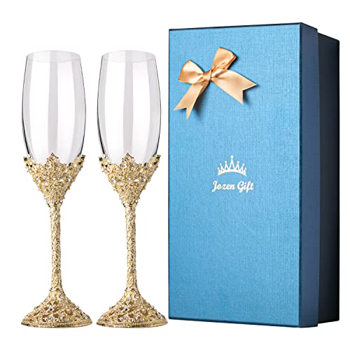 Gold Champagne Flutes - Crystal Glass Metal Base With Crystal Stones, Set of 2 Toasting Flute Pair, Wedding Anniversary Party Birthday Banquets and Gifts for Bride and Groom (Gold) - color: Gold