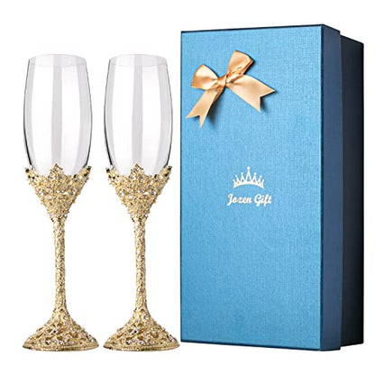 Gold Champagne Flutes - Crystal Glass Metal Base With Crystal Stones, Set of 2 Toasting Flute Pair, Wedding Anniversary Party Birthday Banquets and Gifts for Bride and Groom (Gold) - color: Gold