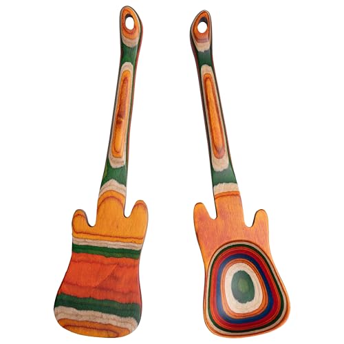 Pakkawood 12 inch Guitar Cooking Spoons and Spatula Set, Long Handle Flat Frying Spatulas & Handmade wooden spoons, Kitchen Utensil Salad Servers set for Cooking, Frying, Baking, Set of 2 - color: Pakkawood Guitar