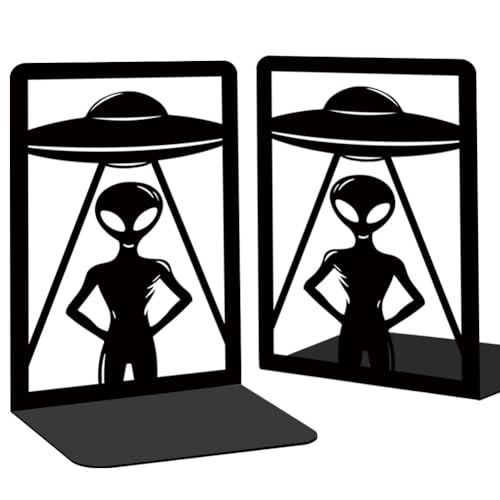 Alien Theme Bookends for Shelves, Spaceships and Aliens Book Ends Decorative Books Desk Organizer Book Stoppers to Hold Books Heavy Duty, Unique Bookshelf Decor for Home Decor - style: Alien