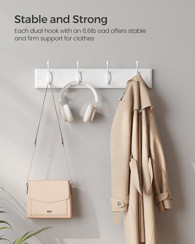 SONGMICS Wall-Mounted Coat Rack, Hook Rack, 4 Dual Metal Hooks, White | For Coats, Bags, Keys, in the Entryway, Bedroom, Living Room ULHR23WT - color: White, size: 1 Pack-4 Hooks, style: Without Shelf