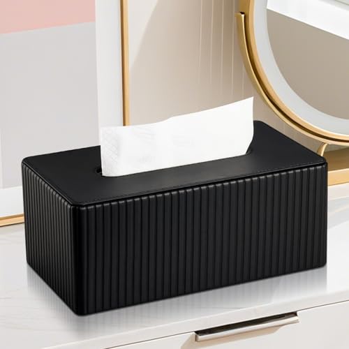 PU Leather Tissue Box Cover Rectangular Tissue Box Holder with Magnetic Bottom, Napkin & Facial Tissue Holder Dispenser for Home, Office for Standard 120-count/160-count (2-Ply) Black Stripe - color: Black Stripe