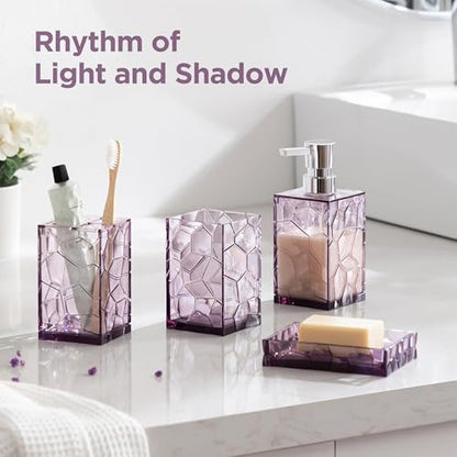 HBlife Bathroom Accessories Set, Acrylic Bathroom Counter Set of 4 | Boho acrylic bathroom decor, 4-pc: holder, soap, tumbler, dish, Easy-clean & rustproofd, Ideal housewarming gift - style: purple