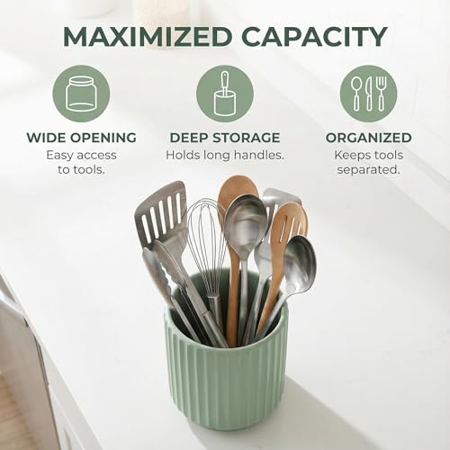 Small Utensil Holder for Kitchen Counter (H5.51” x W4.92”), Countertop Utensil Holder for Kitchen Ceramic, Utensils Crock for Countertop, Includes Silicone Drying Mat, White