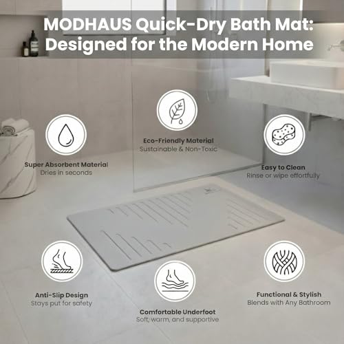 MODHAUS Diatomite Stone Bath Mat, Fast Drying Natural Bathroom Mat, Eco Friendly Non Slip Super Absorbent Bathroom Floor Mat, Easy Clean Stone Bath Mats for Bathroom - Light Gray (23.6" x 15.6”) - color: Light Gray