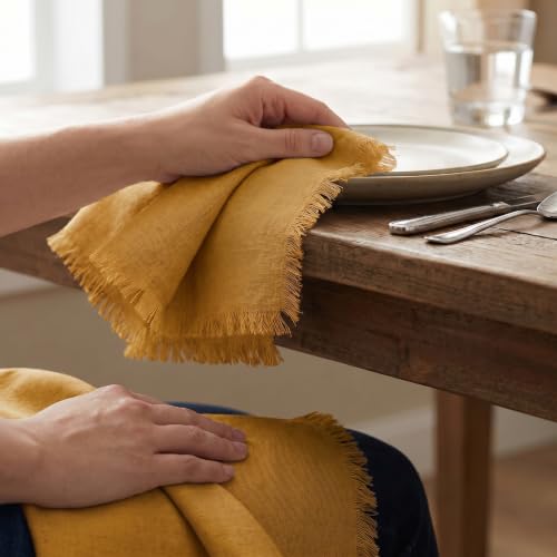 ACCENTHOME Mustard Cotton Linen Napkin Set of 6 18x18 inch Dinner Napkins - Washable Soft Premium Hotel Quality Reusable Napkins Perfect Table Napkins for Family Dinners, Weddings & Everyday Use | Cotton Linen Blend Napkins, Machine Wash On Gentle Cycle,