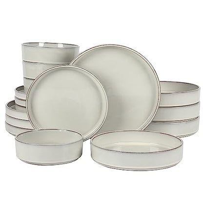 Two Time Oprah's Favorite Things Winner - Santorini Mist Double Bowl Terracotta Reactive Glaze Plates and Bowls Dinnerware Set - Moonstone White, Service for Four (16pcs) - color: Moonstone White