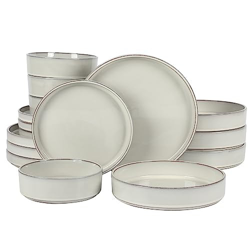 Two Time Oprah's Favorite Things Winner - Santorini Mist Double Bowl Terracotta Reactive Glaze Plates and Bowls Dinnerware Set - Moonstone White, Service for Four (16pcs) - color: Moonstone White