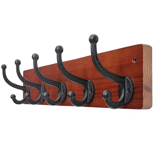 WEBI Rustic Coat Rack Wall Mount,5 Cast Iron Coat Hooks Wall Mounted,Heavy Duty Wood Wall Coat Hanger Hooks for Hanging Coats,Jacket,Clothes,Backpack,Farmhouse,Cherry - color: Cherry, size: 17 Inch