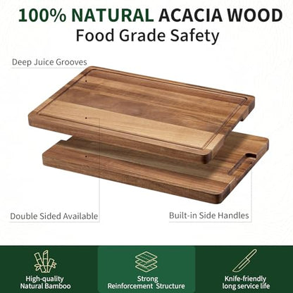 18"x12"Acacia Cutting Board for Kitchen, Wooden Chopping Board with Built-In Juice Grooves, 1" Thick, Side Handle, Butcher Block for Meat/Fruits/Vegetables - size: 18"L x 12"W