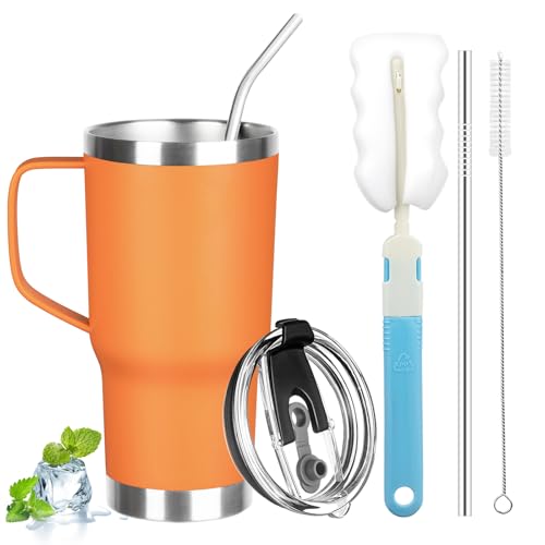 20 oz Tumbler with Handle, Stainless Steel Insulated Tumbler with Lid and Straw, Double Wall Vacuum Coffee Mug Tumbler, Insulated Coffee Thermal Cup for Cold and Hot (Orange, 20 Ounces) - color: Orange, size: 20 Ounces