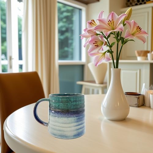 Handmade Ceramic Coffee Mug – 16oz Large Pottery Tea Cup with Wide Bottom & Transmutation Glaze, Microwave & Dishwasher Safe for Home or Office (Grey Blue) - color: Grey Blue