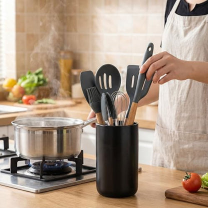 Kitchen Utensil Holder, 6.3"+5.3" Ceramic Kitchen Utensil Holder for Countertop, Large Cooking Utensil Crock for Kitchen Counter, Set of 2, for Spoons, Spatulas, Utensils (Black Set) - color: Black Set