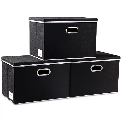 Large Foldable Storage Boxes with Lids [3-Pack] Fabric Collapsible Storage Bins Organizer Containers Baskets Cube with Cover for Home Bedroom Closet Office Nursery Black(17.7x11.8x11.8) - color: Black, size: L(3-Pack)