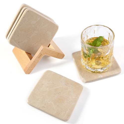 Marble Coasters Set of 5, Square Coasters with Holder for Drinks, 4" Cup Coaster for Coffee Table Home Office Bar Decor, Heat Resistant Decorative Drink Coaster (Brown) - color: Brown
