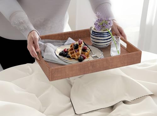 HofferRuffer Rectangle Serving Tray with Hole Handles for Coffee Table, Breakfast, Tea, Food, Butler - Countertop, Kitchen, Vanity Serve Tray, 16.2 x 12.2 x 2 inches, Faux Leather (Antique Brown) - color: Antique Brown