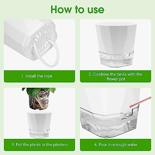6 Pack Self Watering Plant Pot, 6.6/5 Inch Plastic Self Watering Pots for Indoor Outdoor Plants African Violet Pots Easy Plant Self Watering Pot with Wick Rope for Plants Flowers